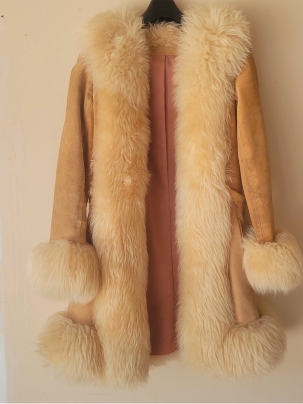Women's Cream Shearling Coat with Fur Trim
